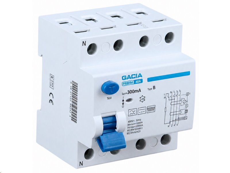 Proudový chránič GACIA PR8HM typ B /40A/300mA/4P/10kA Proudový chránič GACIA PR8HM typ B /40A/300mA/4P/10kA