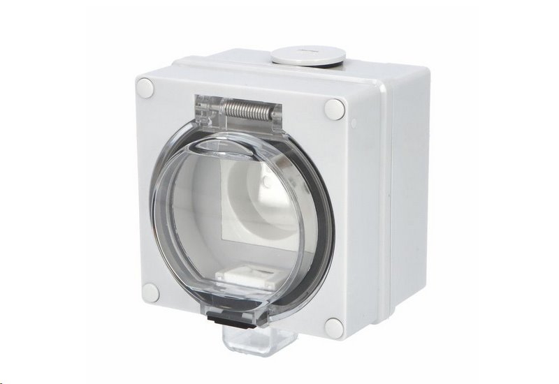 TITAN IP66 Zásuvka 16A/250V/2P+PE s ochranným kolíkem, šedá, transparentní víko, nástěnná TITAN IP66 Zásuvka 16A/250V/2P+PE s ochranným kolíkem, šedá, transparentní víko, nástěnná